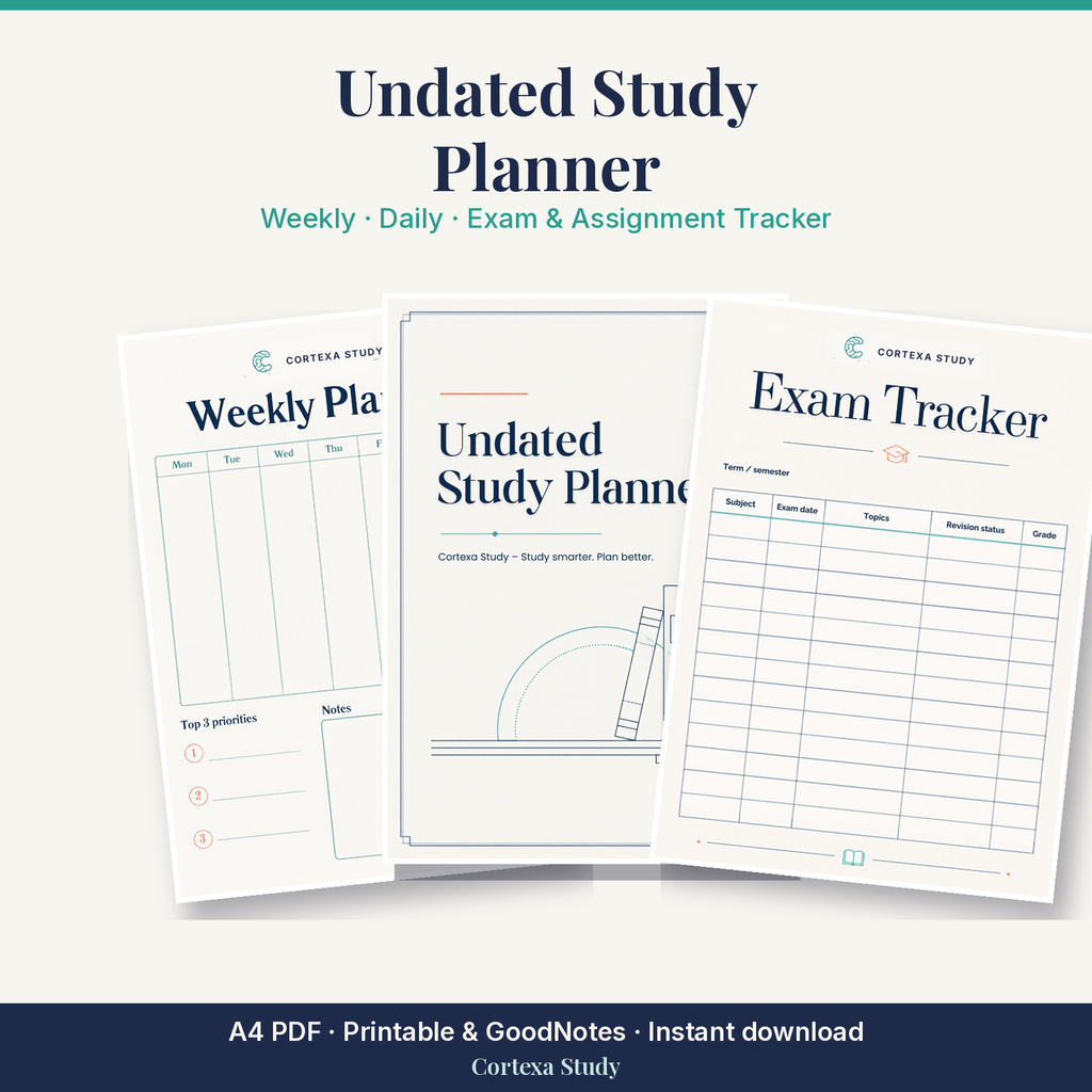 Undated Study Planner by Cortexa Study – weekly, daily, exam and assignment tracker