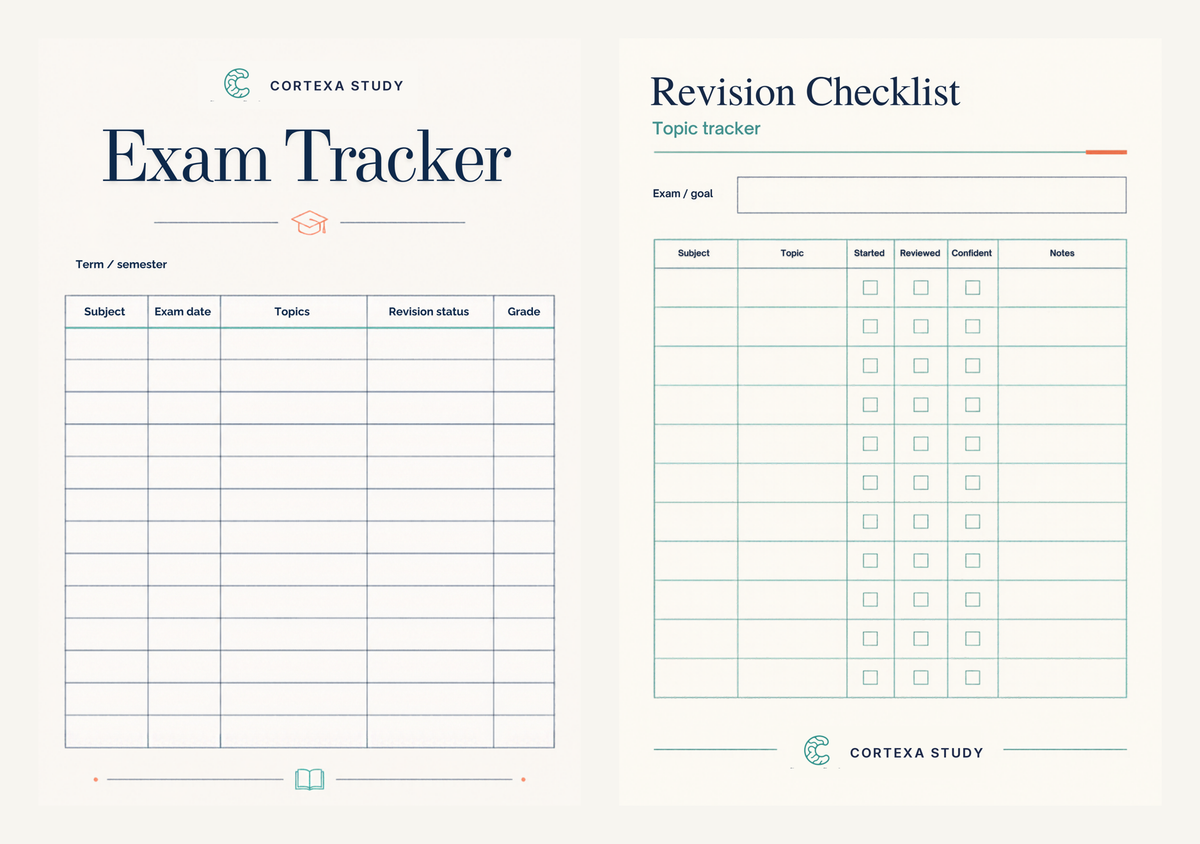 Exam tracker and revision checklist pages